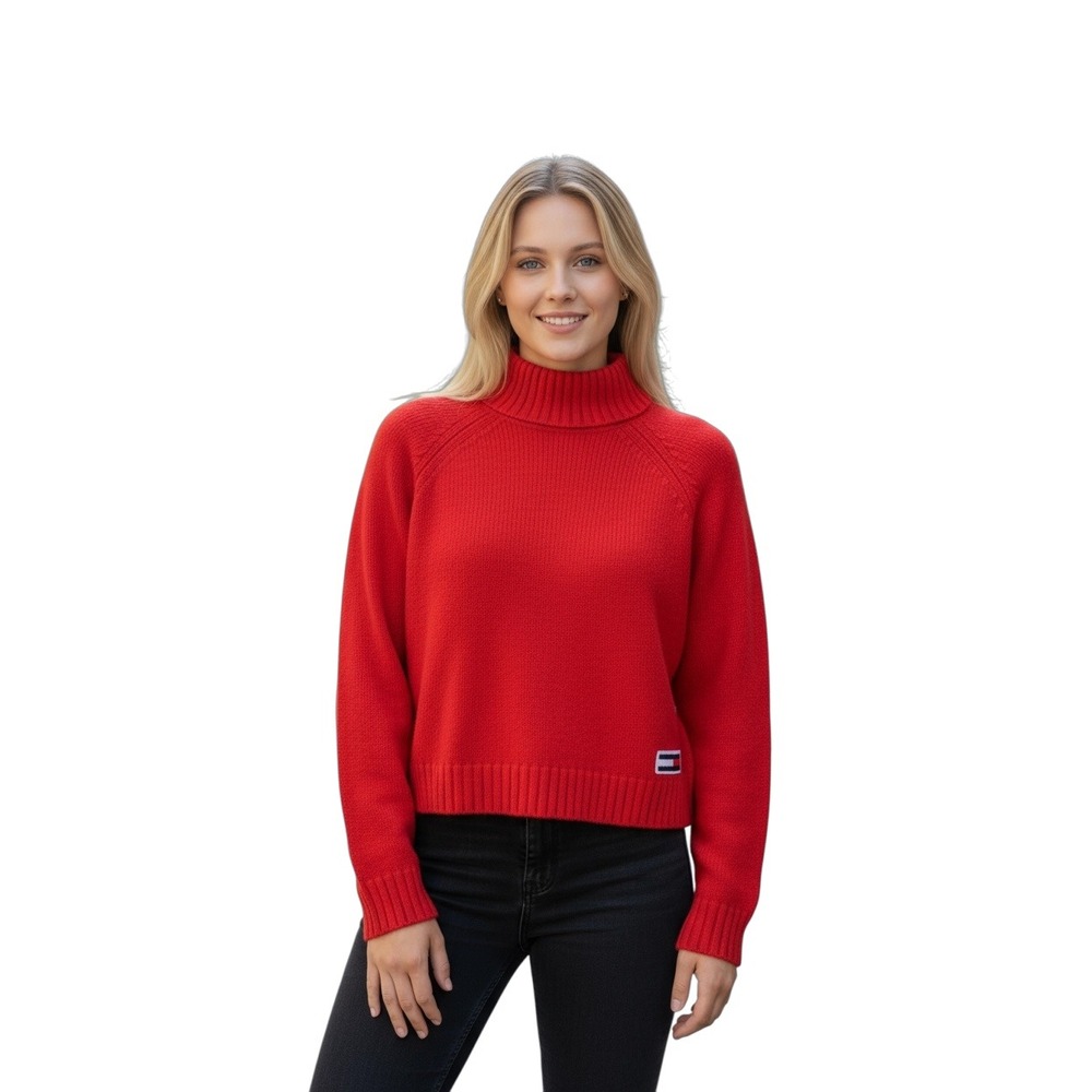 Tommy Jeans Red Mock Neck Knit Sweater Womens Medium Cropped‎ Vtg 90s Y2K